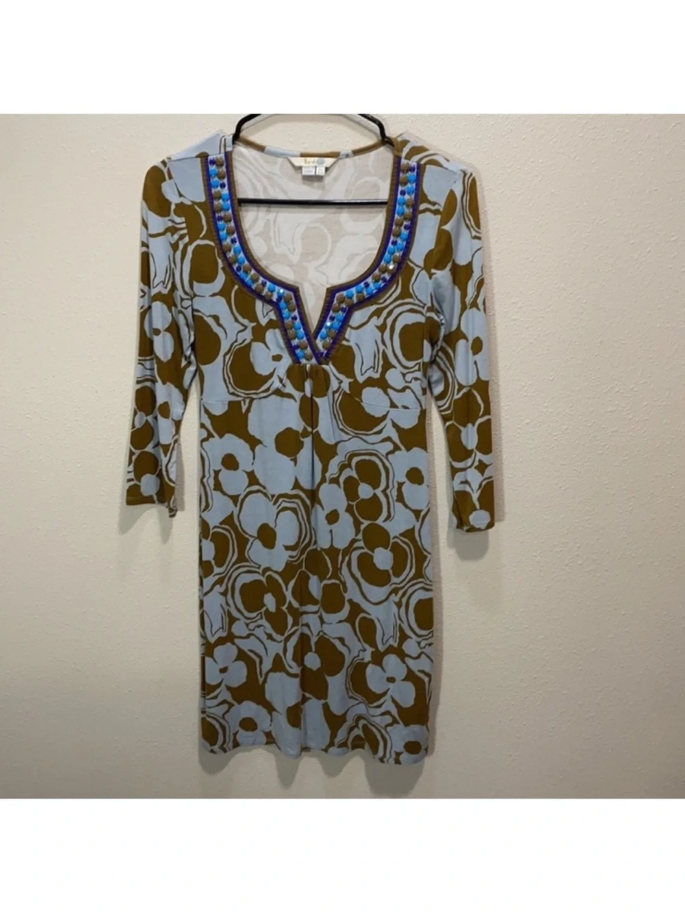 Boden Light Blue and Olive Floral Embellished V-Neck Knit Dress